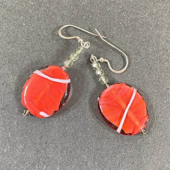 Coral red handmade oval lampwork glass dangle ear… - image 1