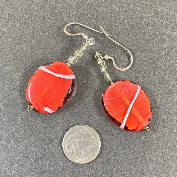 Coral red handmade oval lampwork glass dangle ear… - image 4