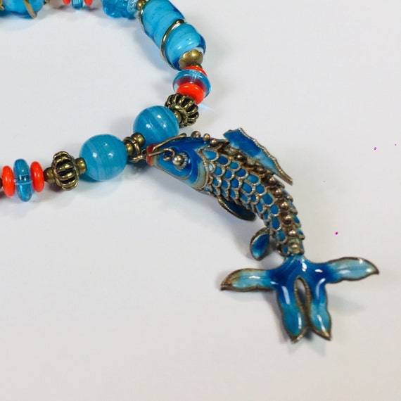 Aqua blue vintage Cloisonné FISH necklace upcycle… - image 8