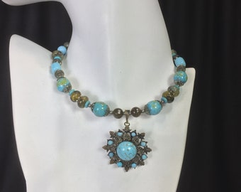 Victorian lampwork glass turquoise choker upcycled with vintage filigree pendant and labradorite beads Repurposed eco friendly jewelry