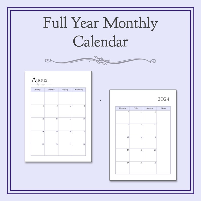 2024 Monthly Calendar Printable, 2 Page Calendar Inserts, Month at a ...
