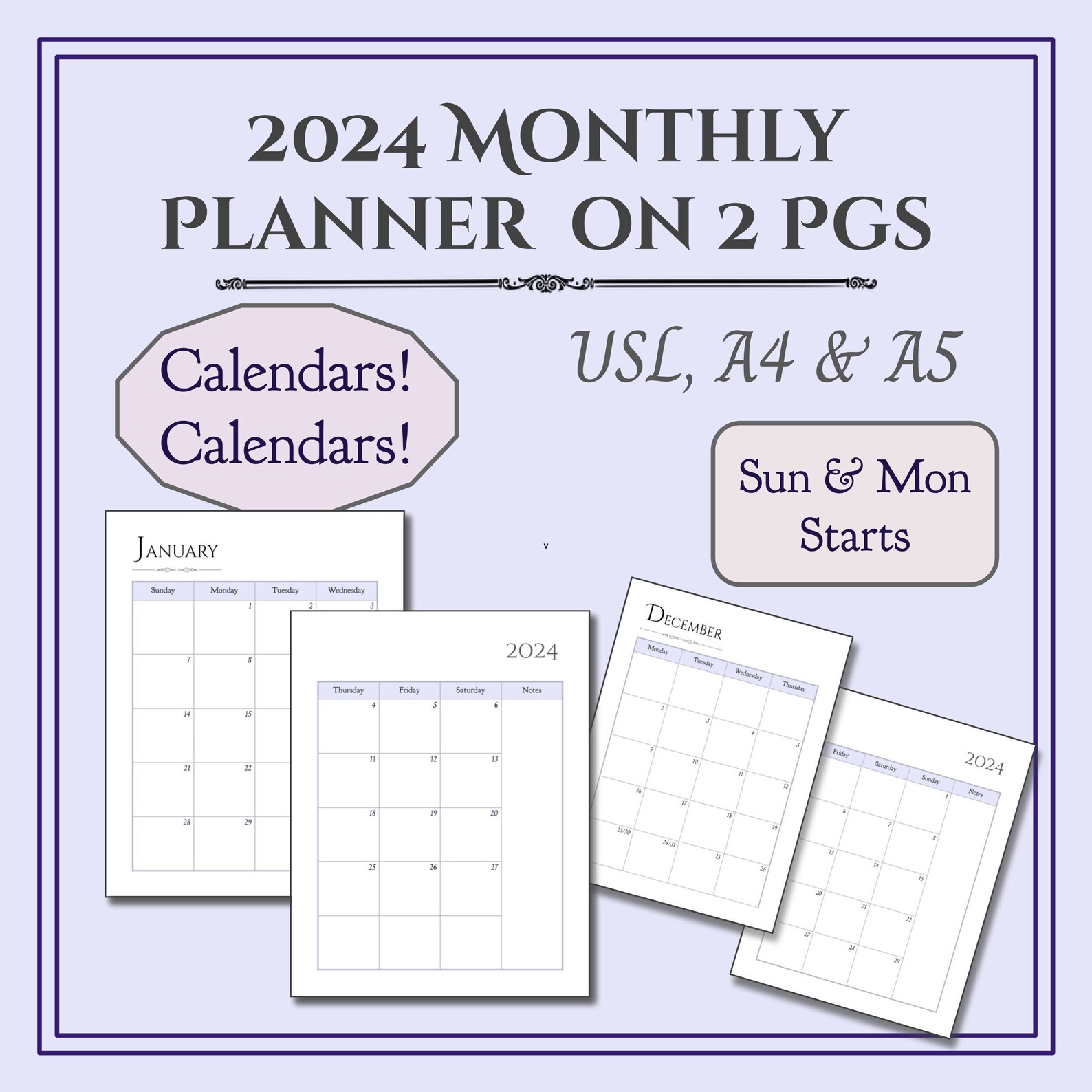 2024 Monthly Calendar Printable, 2 Page Calendar Inserts, Month at a ...