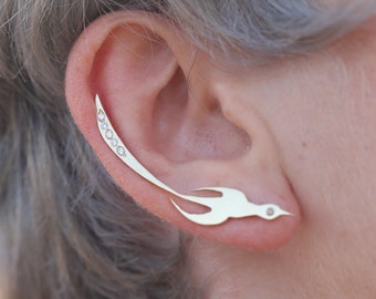 14K Gold Phoenix earrings with Diamonds, ear climber birds earrings, phoenix earrings, ear crawler earrings, phoenix jewelry