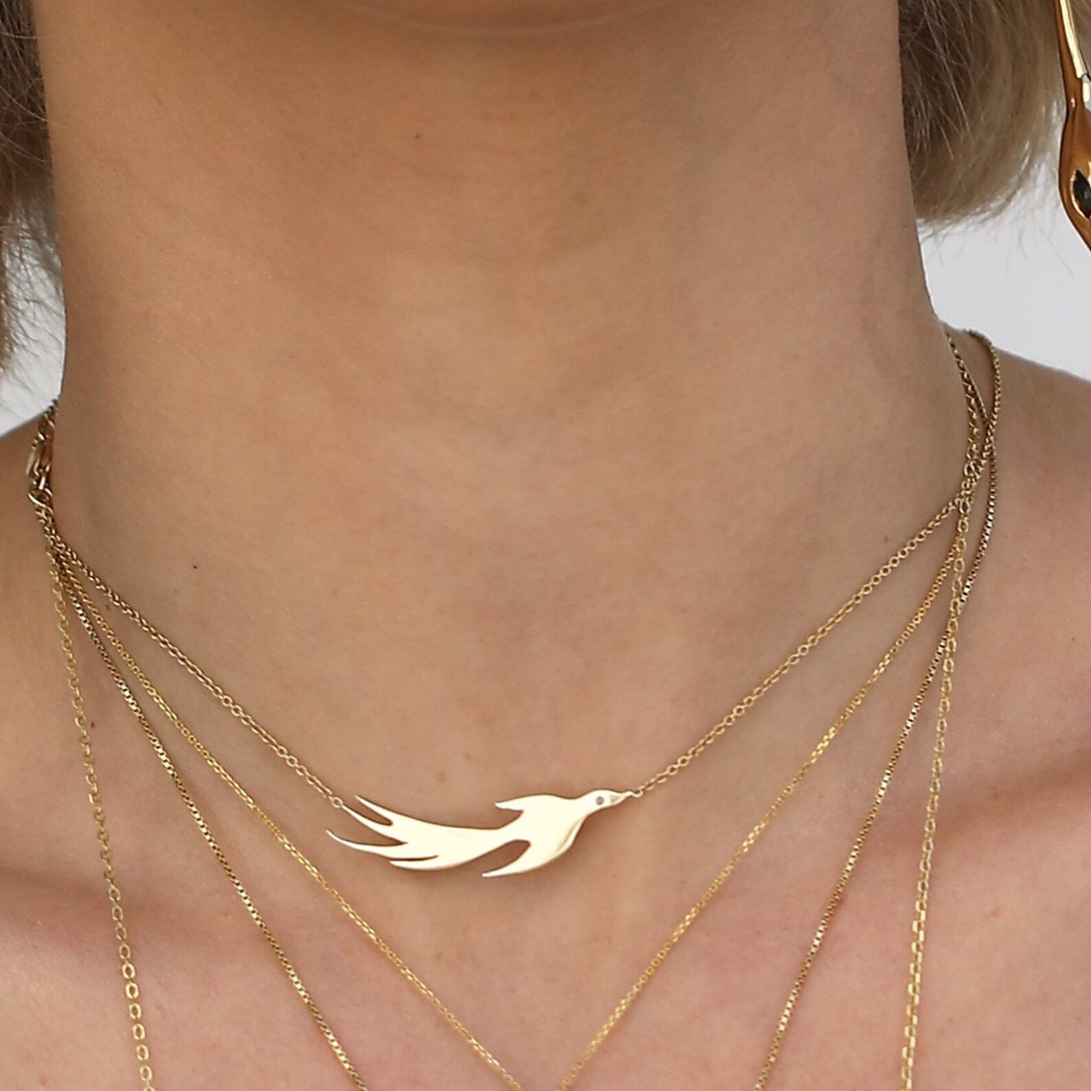 Phoenix Necklace 14K Solid Gold, Gold With Diamond Phoenix Pendant