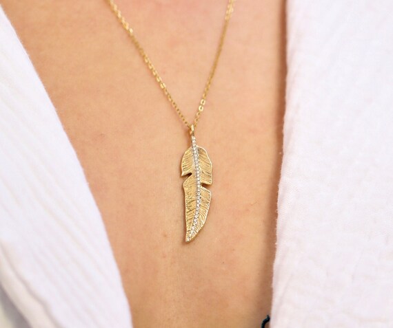 Diamonds Feather Necklace 14K Solid Gold With Paved Diamonds