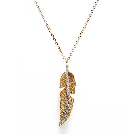 Diamonds Feather Necklace 14K Solid Gold With Paved Diamonds