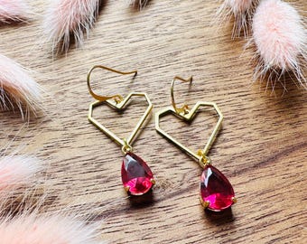 Heart Earrings Gold, Red Earrings, Fairycore, Boho Chic Earrings, Brass Dangle Earrings, Tween Jewelry, Best Friend Valentine’s Day Gift