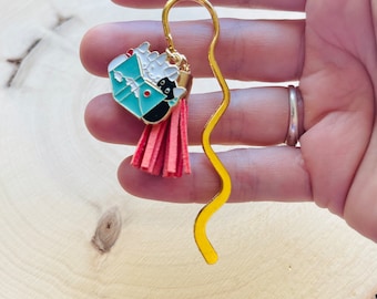 Cat Bookmark: Brass Charm with Tassel, Kawaii Book Lover Gift