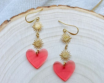 Pink Heart Dangle Earrings: Celestial Brass Witchy Jewelry