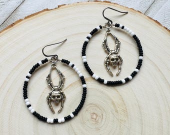 Spider Earrings, Seed Bead Earrings, Hoop Earrings Silver, Corporate Goth, Punk Earrings Dangle, Easter Basket Stuffers for Women, Witchy