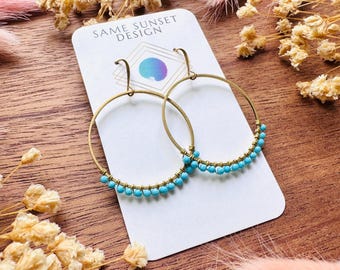 Turquoise Hoop Earrings, Brass Hoops, Gold Hoop Earrings for Women, Boho Chic Earrings, Blue Jewelry, Tween Jewelry, Mothers Day Gift Ideas