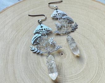 Mushroom Earrings, Quartz Earrings, Cottagecore Earrings, Unique Gifts for Women Birthday, Nature Lover Gift, Best Gift for Mom, Silver