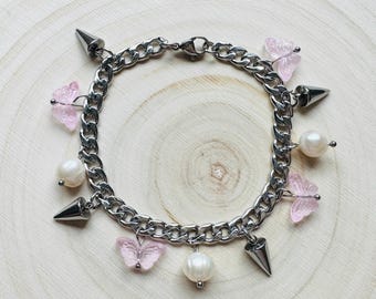 Spike Chain Bracelet: Stainless Steel Punk Goth Bracelet with Butterfly & Pearl