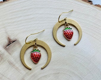 Strawberry Earrings Dangle, Witchy Earrings, Cottagecore Earrings, Crescent Moon Earrings Gold, Witchy Gifts for Best Friend, Berry Gift