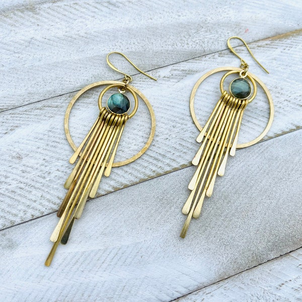 Labradorite Hoop Earrings, Fringe Earrings, Brass Hoop Earrings, Witchy Jewelry for Women, Birthday Gift for Daughter, Best Gift for Mom