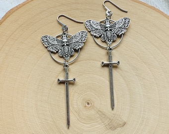 Moth Earrings, Sword Earrings Silver, Trendy Earrings, Witchy Earrings, Corporate Goth, Halloween Gifts, Friend Gifts for Woman Birthday