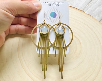 Opalite Western Fringe Earrings: Brass Celestial Boho Statement