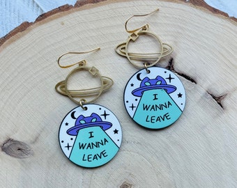 UFO Earrings, Alien Earrings, Cat Earrings, Crescent Moon Earrings, Witchy Jewelry, Pastel Goth, Unique Birthday Gift for Daughter