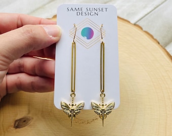 Moth Earrings, Geometric Brass Earrings, Birthday Gift for Wife, Witchy Earrings, Celestial Earrings Dangle, Cute Gifts for Friend, Goth