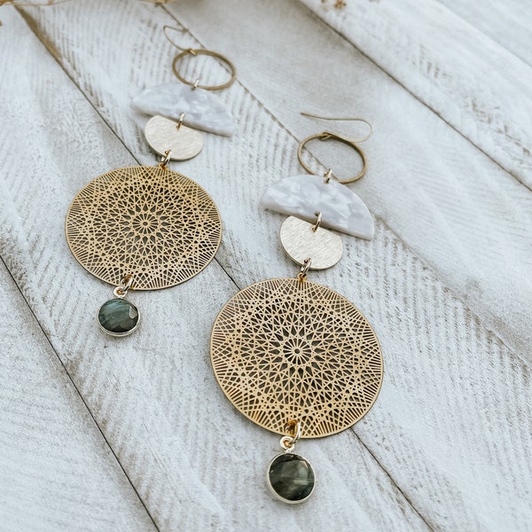 Labradorit Hoop Ohrringe, Witchy Schmuck Ohrringe, Geburtstagsgeschenk für Tochter, himmlische Ohrringe baumeln, Boho Ohrringe für Hochzeit