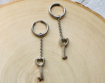 Key Earrings, Huggie Hoop Earrings, Goth Earrings, Punk Earrings, Witchy Earrings, Best Friend Birthday Gift, Mothers Day Gift from Daughter