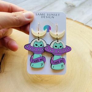 UFO Earrings, Alien Earrings, Cat Earrings, Crescent Moon Earrings, Witchy Earrings, Pastel Goth, Unique Gifts for Teenage Girls, Fun Gifts