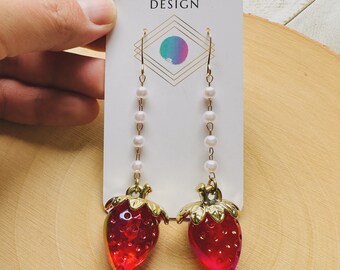 Strawberry Earrings Dangle, Pearl Earrings, Cottagecore Earrings, Witchy Gifts, Kawaii Earrings, Whimsical Earrings, Plant Gifts for Her