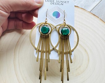 Green Smoky Quartz Fringe Earrings: Boho Chic Brass Jewelry