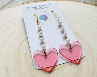 Heart Earrings: Gold, Faux Pearl, Boho Dangle Earrings