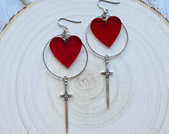 Red Heart Earrings, Sword Earrings, Creepy Cute Jewelry, Punk Earrings Dangle, Fun Birthday Gift, Best Friend Valentines Gift, Gift for Mom