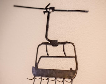 Chairlift Keyholder 6 hooks, chairlift wall art, key hanger, 6 key hanger wall art, key hooks, snowboarding, skiing, metal wall art.