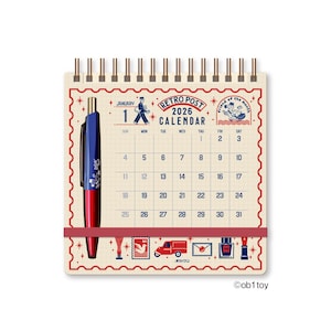 May include: A 2026 Retro Post calendar with a spiral binding, featuring a red and blue pen. The calendar has a cream-coloured background with red decorative borders and illustrations of postal service items. The text "Retro Post 2026 Calendar" is displayed.