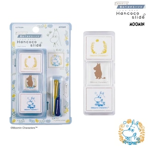 May include: A Moomin Hancoco slide stamp set in retail packaging. The set includes three square stamps featuring Moomin characters and floral designs in yellow, brown, and blue ink, along with two small plastic tools for sliding the stamps.