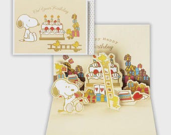 Hallmark| Peanuts| Snoopy| Woodstock| Cake and Ladder| Birthday| Celebration| gold foil| pop up| Greeting Card| 3D