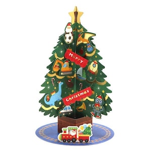 Kerstboom| ornamenten| voertuigen| dinosaurussen| sportballen| Kerstkaart| bladgoud| pop-up| 3D