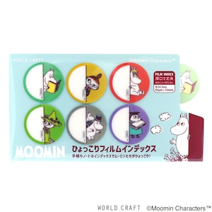May include: A set of eight colorful, round, Moomin character themed sticky notes. The notes are divided in half, with one side being white and the other side featuring a Moomin character. The notes are 24.5 mm in diameter and come in six different designs. The packaging features a Moomin character peeking around a corner.