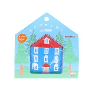 May include: A blue and red Moomin house shaped eraser with the text "Moomin" and "40枚入" on the packaging. The packaging is blue with white clouds and green trees.