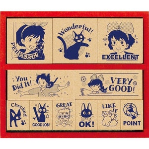 Beverly| Ghibli| Service de livraison de Kiki | Kiki| Jiji| Lys| Tombo| Timbre de récompense en bois anglais | 11 pièces | en bois| jeu d'estampes