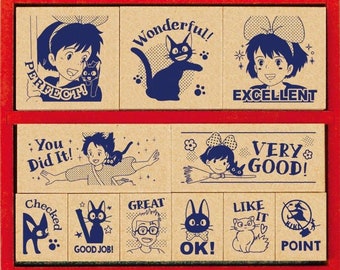 Beverly| Ghibli| Kiki's Delivery Service| Kiki| Jiji| Lily| Tombo| English wooden reward stamp| 11pcs| wooden| stamp set