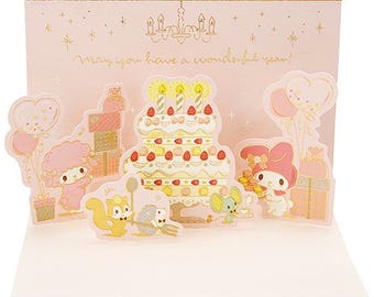 Sanrio| My Melody| Cake| Party| Birthday| Celebration| gold foil| pop up| Greeting Card| 3D
