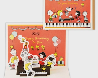 Hallmark| Peanuts| Snoopy| friends| Piano| Birthday| Celebration| gold foil| pop up| Greeting Card| 3D