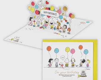 Hallmark| Peanuts| Snoopy| friends| Balloon| Birthday| Celebration| gold foil| pop up| Greeting Card| 3D