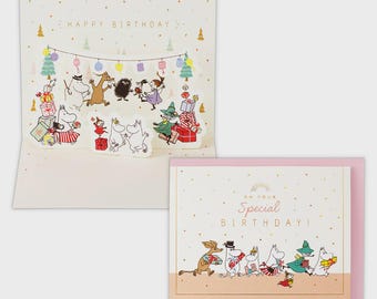 Hallmark| Moomin| On Your Special Birthday| Little My| Snufkin| Mymble| Hattifatteners| Celebration| gold foil| pop up| Greeting Card| 3D