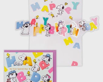 Hallmark| Peanuts| Snoopy| siblings| letters| Birthday| Celebration| gold foil| pop up| Greeting Card| 3D