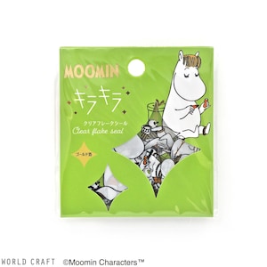 May include: A green and white package of Moomin clear flake stickers. The package features a cartoon image of Moomin, a white, round character with a large nose, sitting on a green background. The text on the package reads "MOOMIN キラキラ クリアフレークシール Clear flake seal コ-ト付".