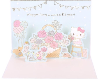 Sanrio| Hello Kitty| Flower Basket| Party| Birthday| Celebration| gold foil| pop up| Greeting Card| 3D