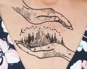 Temporary Tattoo with Mountains, Forest and Cosmos Perfect Gift for Custom Nature Lovers