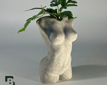 6.5" Concrete and Glass Flower Vase  - 16.5 cm - Woman Body Sculpture