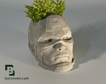 Captain America  -  Concrete Helmet Planter - Face Planter Pot - The Avengers