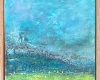 Off the Rocks | encaustic wax | Mixed Media| Blue and green Palette | abstract seascape| Karen Canning |unique gift idea | original art |